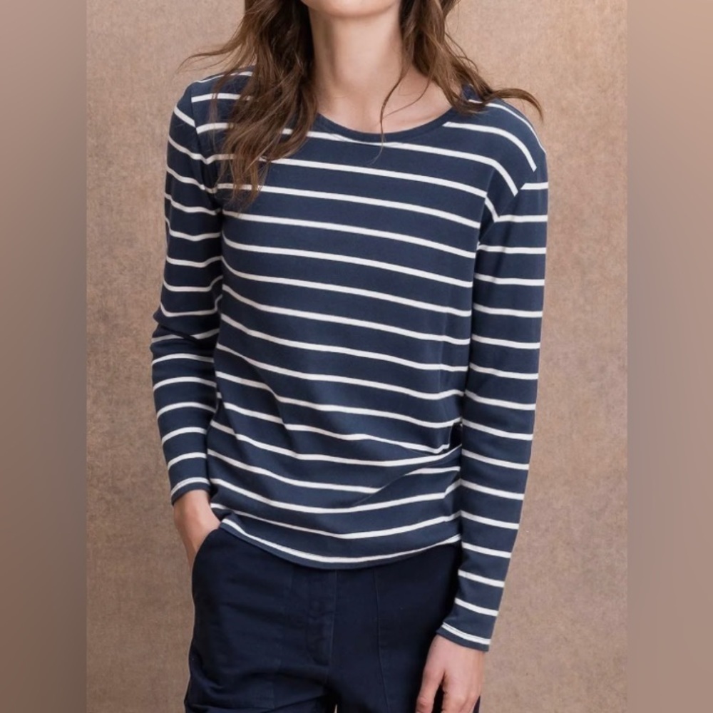 Pull & Bear Blue White Stripe Side Slits Long Sleeve Lightweight Sweater
